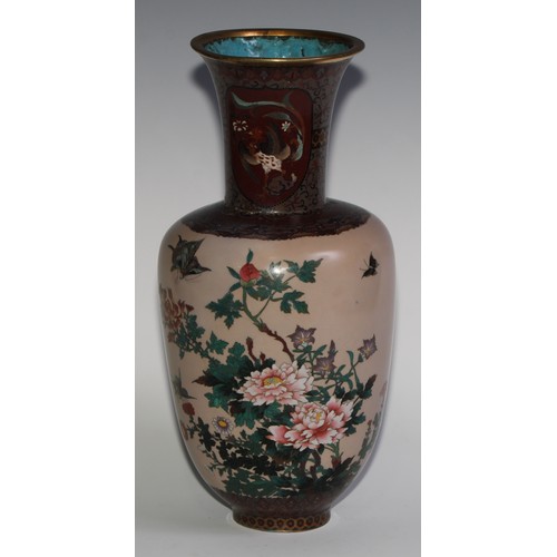 376 - A Chinese cloisonne enamel ovoid vase, decorated in polychrome with flowers, insects and dragons, 33... 