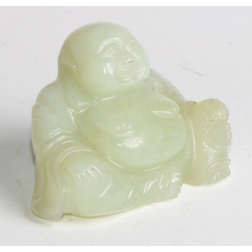 382 - A Chinese jade carving, of Budai, he sits, rotund, holding beads, 10cm wide, hardwood stand; a pair ... 