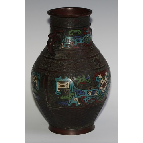 371 - A Chinese bronze and champleve enamel ovoid vase, in the Archaic taste, 31cm high, early 20th centur... 