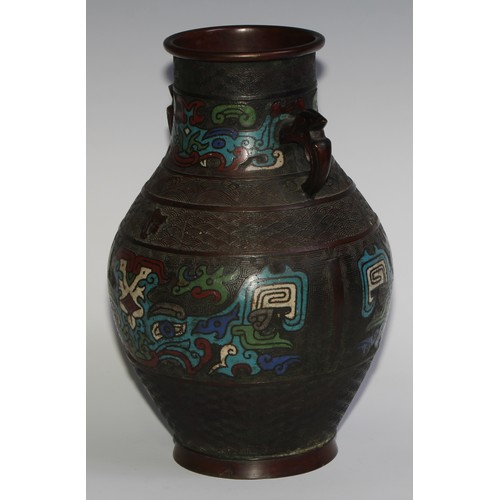 371 - A Chinese bronze and champleve enamel ovoid vase, in the Archaic taste, 31cm high, early 20th centur... 