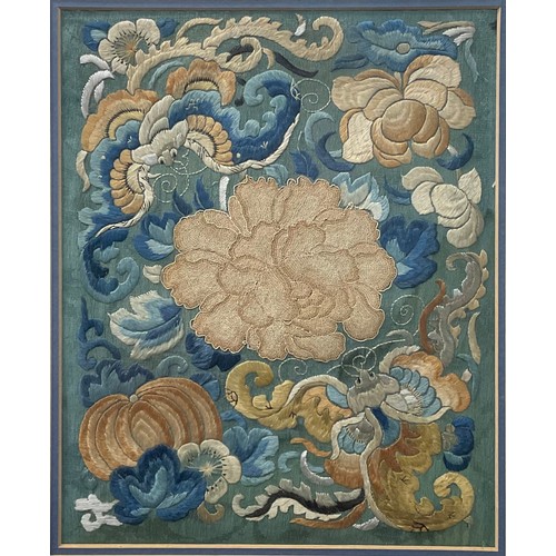 424 - A pair of Chinese embroidered silk panels, worked in coloured threads with bats, flowers and scrolls... 