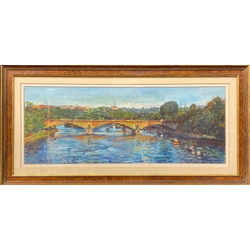 611 - G** L**
Twickenham Bridge, Evening
signed dated 1989, oil on paper, 26cm x 66cm