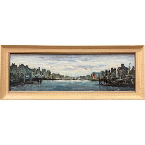 673 - L Kingswood
City Skyline
signed with initials, oil on hardboard, 18cm x 59.5cm