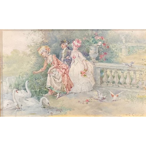 537 - Cecile Chenneviere (Bn.1851)
Courtly Romance, Feeding the Swans
signed, watercolour, 12.5cm x 20cm