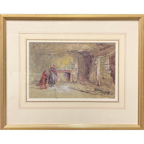 546 - English School (19th century)
Cottage Interior, Children with a Hoop
 watercolour, 16.5cm x 25.5cm