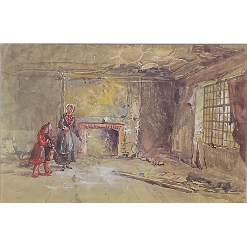 546 - English School (19th century)
Cottage Interior, Children with a Hoop
 watercolour, 16.5cm x 25.5cm