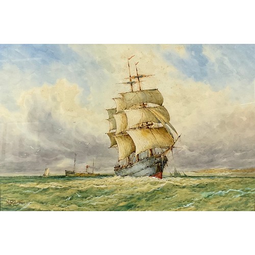 745 - William Stewart (1823 - 1906)
A pair, Boats and Ship on Choppy Seas
signed, watercolour, 40cm x 60cm