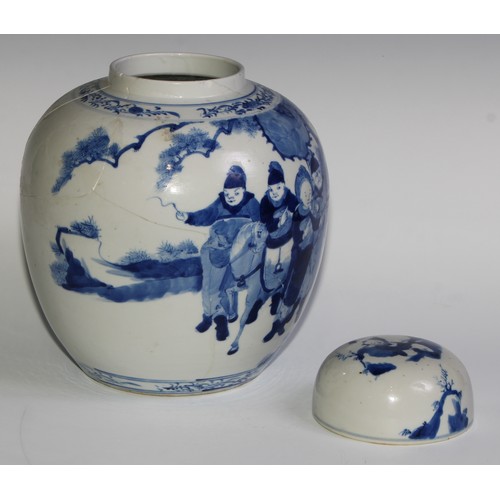 442 - A large Chinese ovoid ginger jar and cover, painted in tones of underglaze blue with figures, 31cm h... 