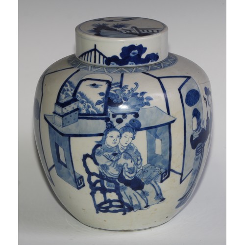 391 - A Chinese ovoid ginger jar and cover, painted in tones of underglaze blue with ladies of the court, ... 