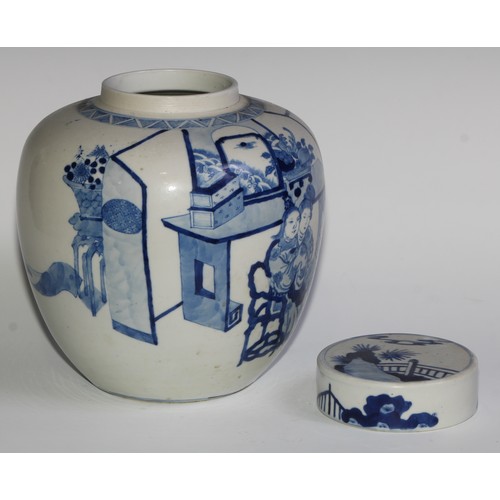 391 - A Chinese ovoid ginger jar and cover, painted in tones of underglaze blue with ladies of the court, ... 