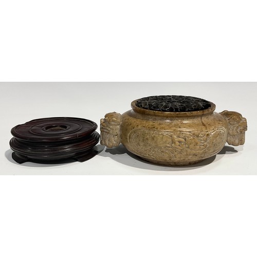 408 - A Chinese soapstone censer, carved in the Archaic taste, pierced hardwood cover, 18cm wide, hardwood... 