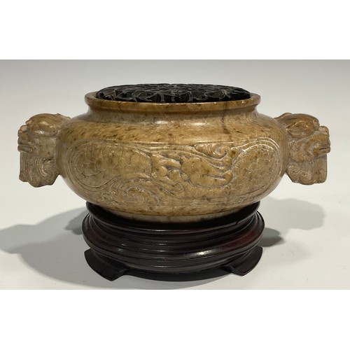 408 - A Chinese soapstone censer, carved in the Archaic taste, pierced hardwood cover, 18cm wide, hardwood... 