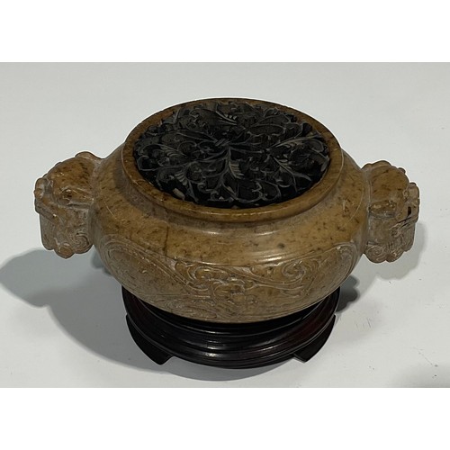 408 - A Chinese soapstone censer, carved in the Archaic taste, pierced hardwood cover, 18cm wide, hardwood... 