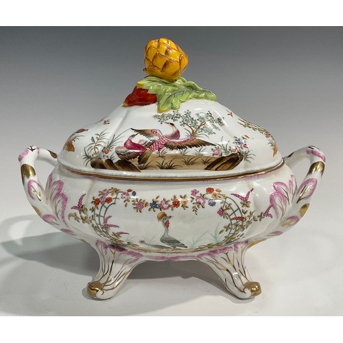 306 - A porcelain fluted oval tureen, cover and stand, decorated in polychrome with birds, inscets and flo... 