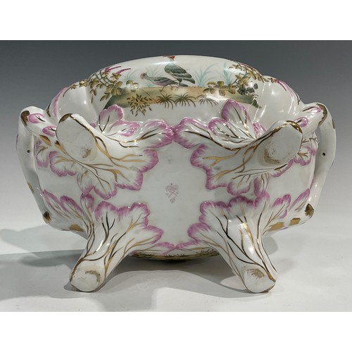 306 - A porcelain fluted oval tureen, cover and stand, decorated in polychrome with birds, inscets and flo... 