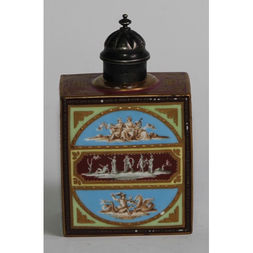 311 - A Vienna rectangular tea caddy, decorated in polychrome in the Neo-Classical taste, associated silve... 