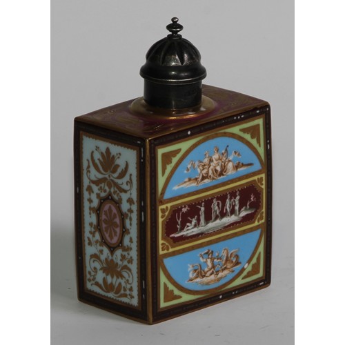 311 - A Vienna rectangular tea caddy, decorated in polychrome in the Neo-Classical taste, associated silve... 