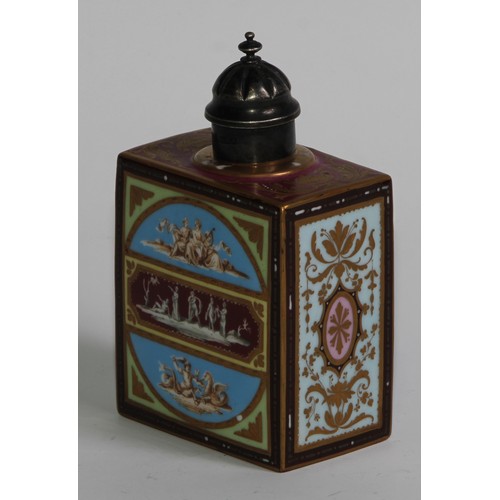 311 - A Vienna rectangular tea caddy, decorated in polychrome in the Neo-Classical taste, associated silve... 