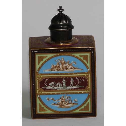 311 - A Vienna rectangular tea caddy, decorated in polychrome in the Neo-Classical taste, associated silve... 