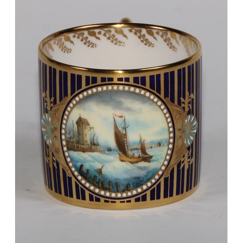 269 - A Lynton cabinet coffee can and stand, painted by Stefan Nowacki, signed with initials, with boat we... 