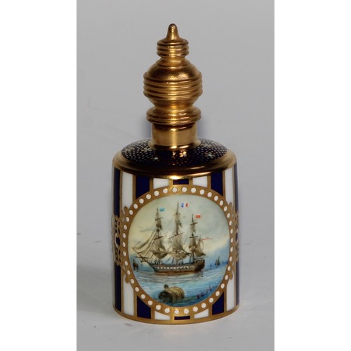 271 - A Lynton porcelain barrel-shaped scent bottle, painted by Stefan Nowacki, monogrammed, with men-of-w... 