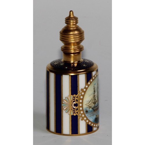 271 - A Lynton porcelain barrel-shaped scent bottle, painted by Stefan Nowacki, monogrammed, with men-of-w... 