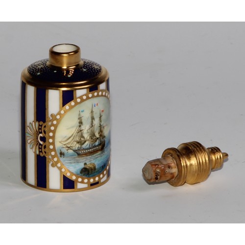 271 - A Lynton porcelain barrel-shaped scent bottle, painted by Stefan Nowacki, monogrammed, with men-of-w... 