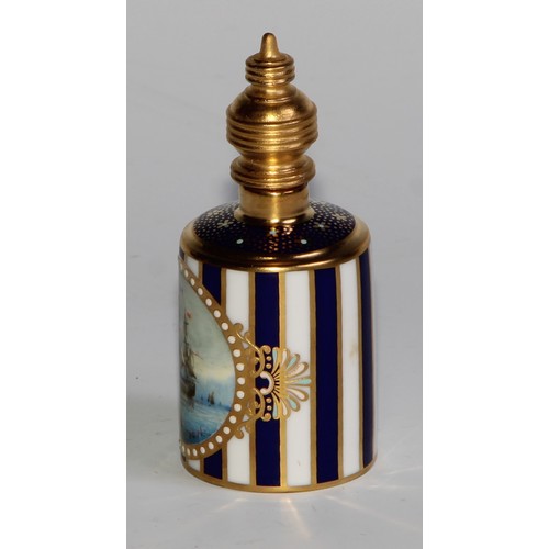 271 - A Lynton porcelain barrel-shaped scent bottle, painted by Stefan Nowacki, monogrammed, with men-of-w... 