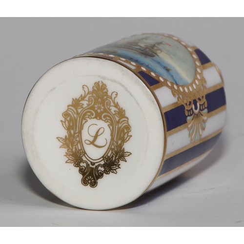 271 - A Lynton porcelain barrel-shaped scent bottle, painted by Stefan Nowacki, monogrammed, with men-of-w... 