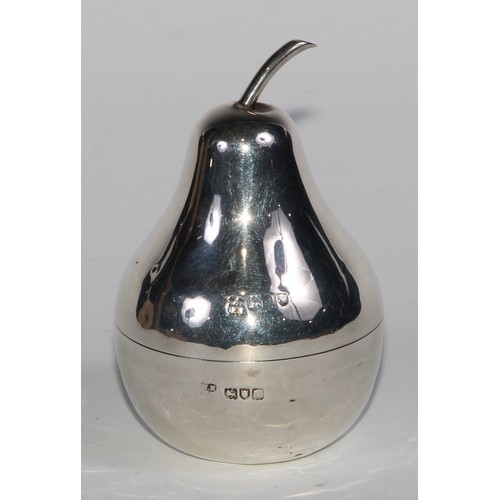 1172 - An Edwardian silver novelty cotton dispenser, as a pear, push-fitting cover, gilt interior, weighted... 