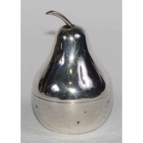 1172 - An Edwardian silver novelty cotton dispenser, as a pear, push-fitting cover, gilt interior, weighted... 