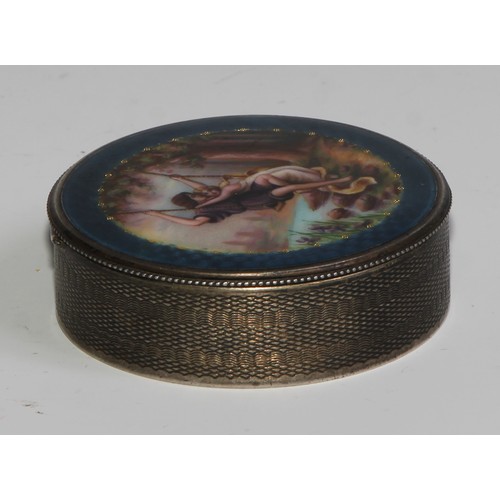 871 - A Continental silver and enamel circular snuff box, hinged cover decorated in polychrome with a cour... 