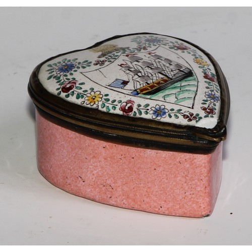 2134 - A 19th century enamel heart shaped snuff box, hinged cover decorated with a three-masted ship, pink ... 