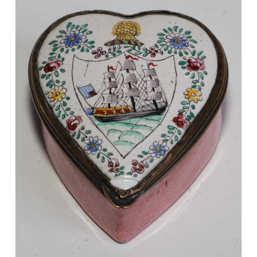 2134 - A 19th century enamel heart shaped snuff box, hinged cover decorated with a three-masted ship, pink ... 