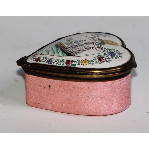 2134 - A 19th century enamel heart shaped snuff box, hinged cover decorated with a three-masted ship, pink ... 