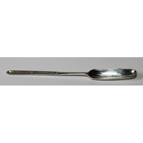 785 - A George II silver fancy back marrow scoop, crested, 21cm long, Ebenezer Coker, London 1749