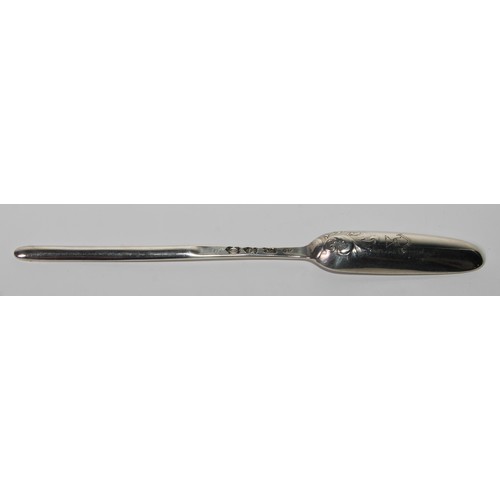 785 - A George II silver fancy back marrow scoop, crested, 21cm long, Ebenezer Coker, London 1749