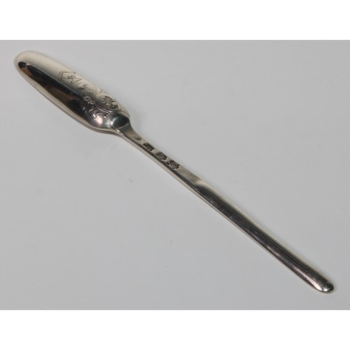 785 - A George II silver fancy back marrow scoop, crested, 21cm long, Ebenezer Coker, London 1749