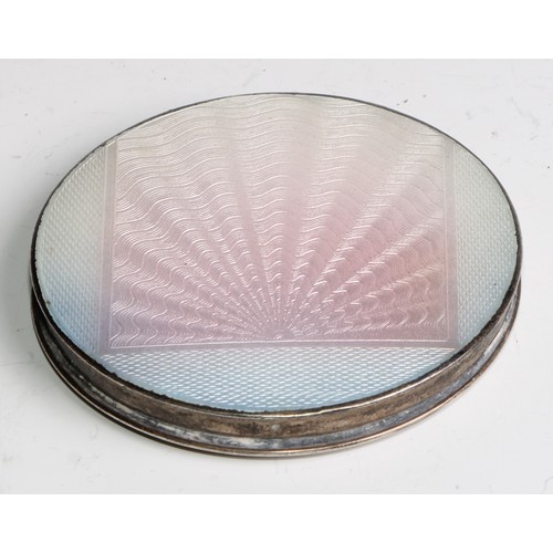 1126 - An Art Deco silver and guilloche enamel circular compact, hinged cover decorated with geometric moti... 