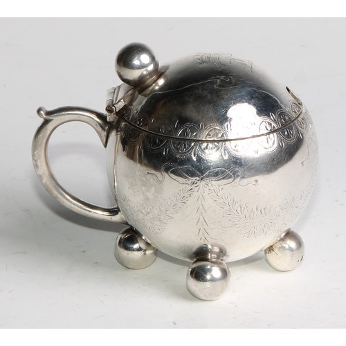 1196 - An unusual Victorian silver globular mustard, of Christopher Dresser influence, ball thumb-piece and... 