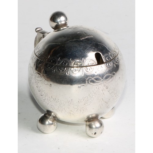 1196 - An unusual Victorian silver globular mustard, of Christopher Dresser influence, ball thumb-piece and... 