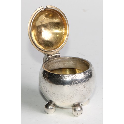 1196 - An unusual Victorian silver globular mustard, of Christopher Dresser influence, ball thumb-piece and... 