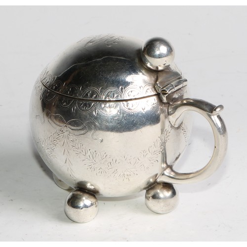 1196 - An unusual Victorian silver globular mustard, of Christopher Dresser influence, ball thumb-piece and... 