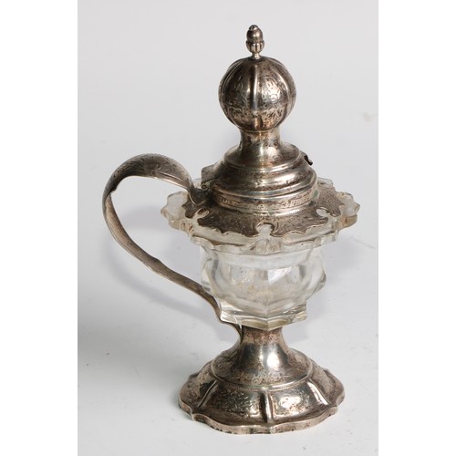 883 - A Dutch silver and clear glass mustard, hinged cover, scroll handle, the mounts engraved with scroll... 