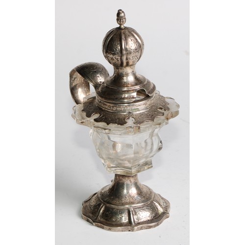 883 - A Dutch silver and clear glass mustard, hinged cover, scroll handle, the mounts engraved with scroll... 