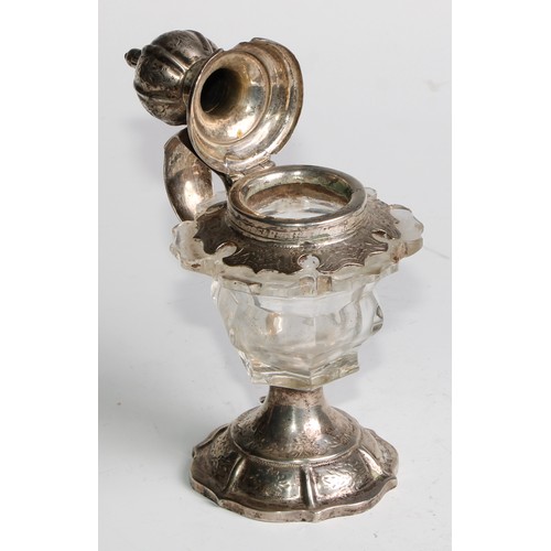 883 - A Dutch silver and clear glass mustard, hinged cover, scroll handle, the mounts engraved with scroll... 