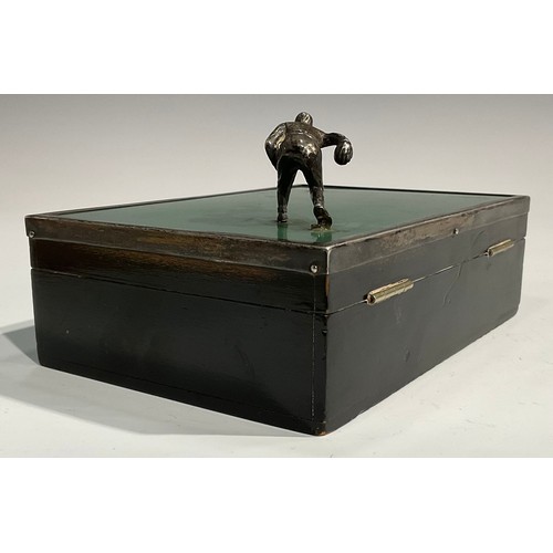 1201 - Bowling - a George V silver mounted ebonised cigarette box, hinged cover with a gentleman playing bo... 