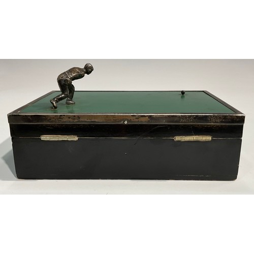 1201 - Bowling - a George V silver mounted ebonised cigarette box, hinged cover with a gentleman playing bo... 