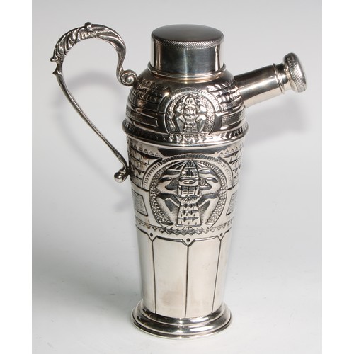 1071 - A South American Art Deco period silver cocktail shaker, embossed with stylised geometric Pre-Columb... 