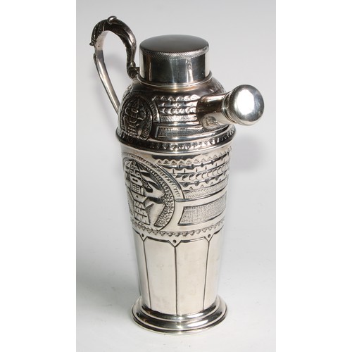 1071 - A South American Art Deco period silver cocktail shaker, embossed with stylised geometric Pre-Columb... 